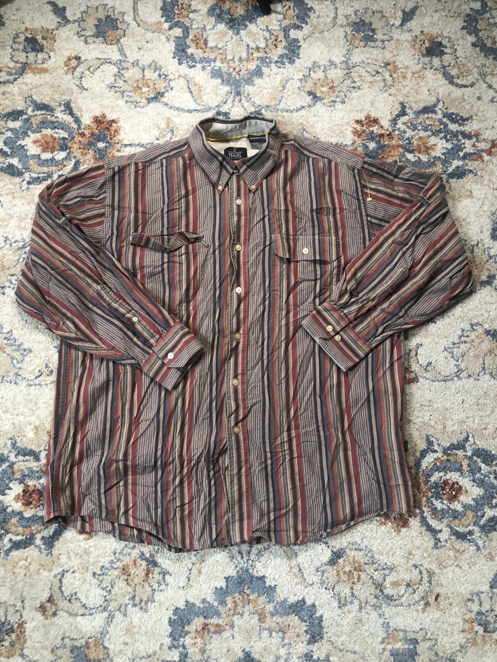 National Geographic Shirt Mens XL Travel Collection Striped Pockets Outdoor Casu
